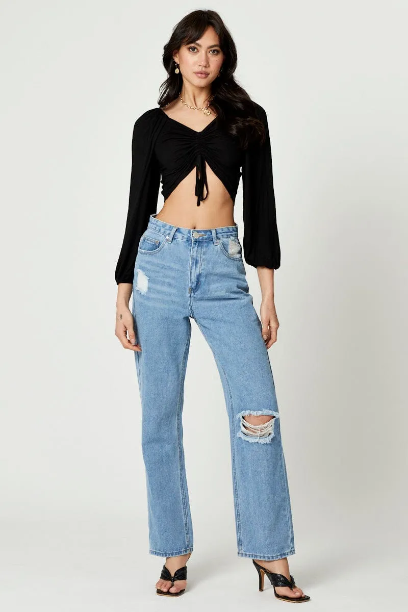 Black Ruched Long Sleeve Top