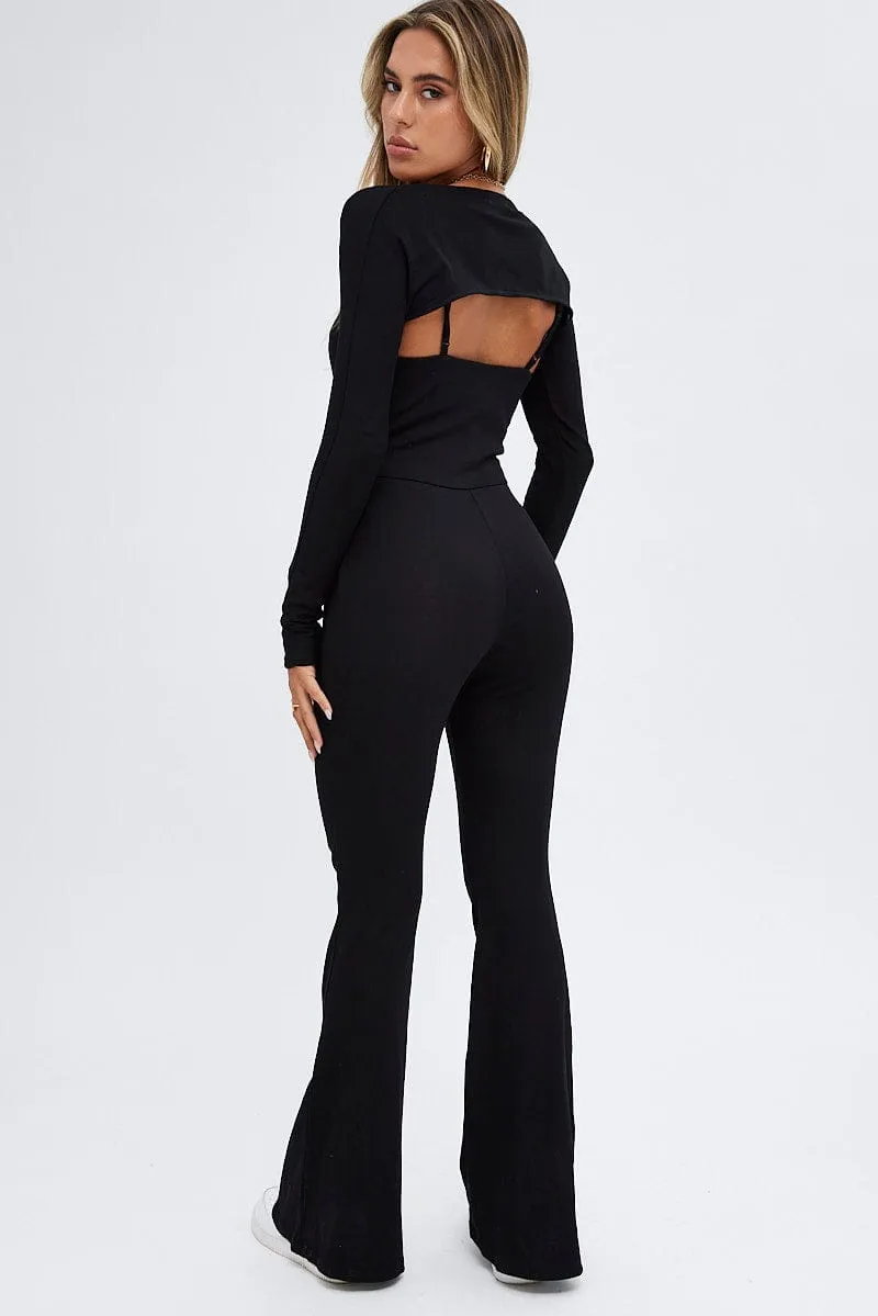 Black Shrug & Jumpsuit Set Long Sleeve V-Neck Keyhole