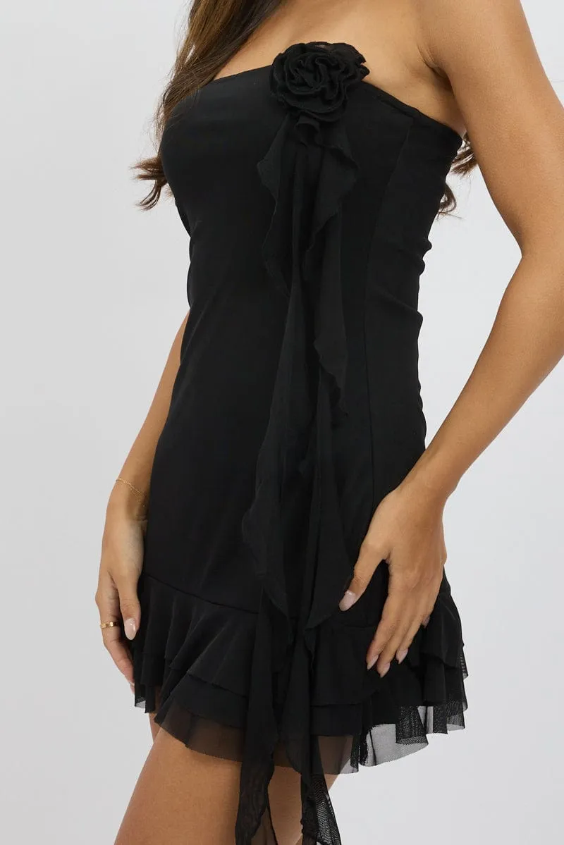 Black Strapless Dress Mini Frill Hem Mesh