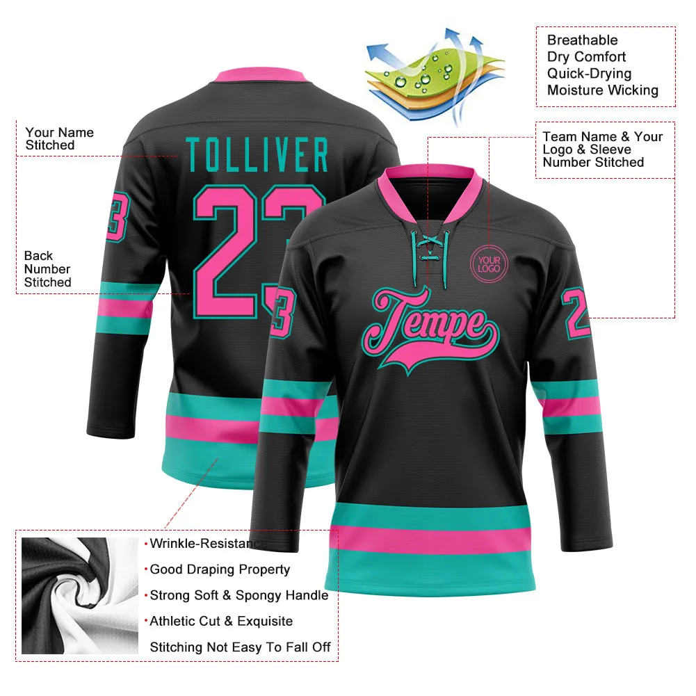 Custom Black Pink-Aqua Hockey Lace Neck Jersey
