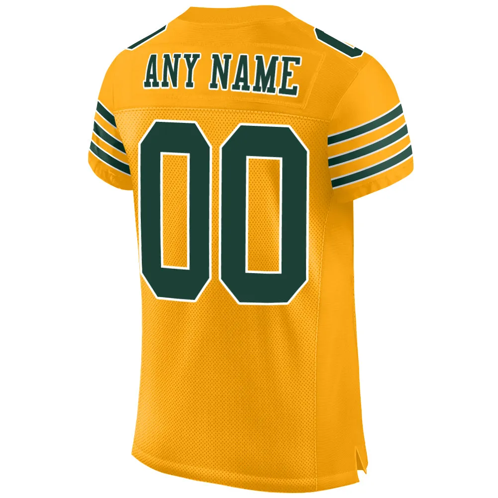 Custom Gold Green-White Mesh Authentic Football Jersey