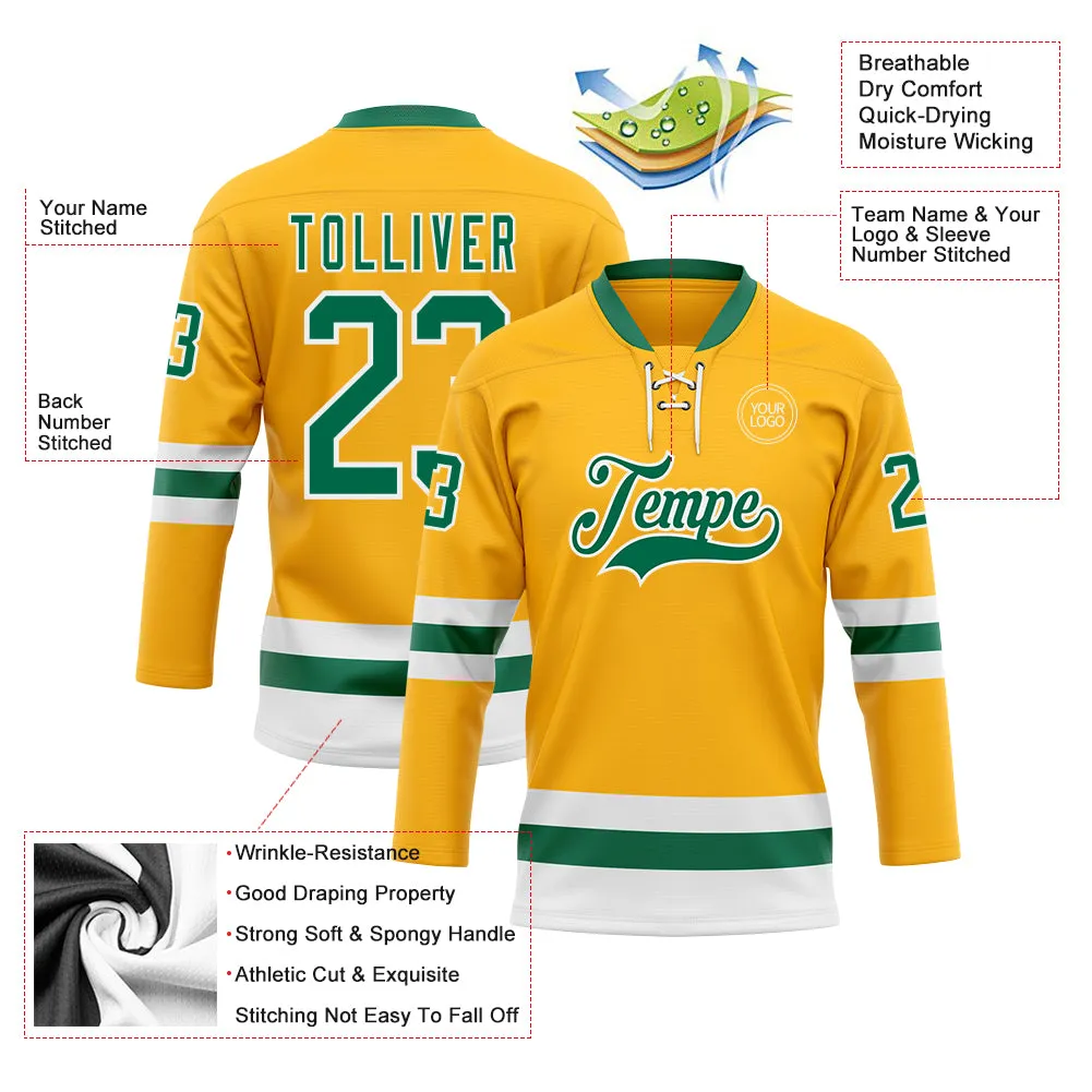 Custom Gold Kelly Green-White Hockey Lace Neck Jersey