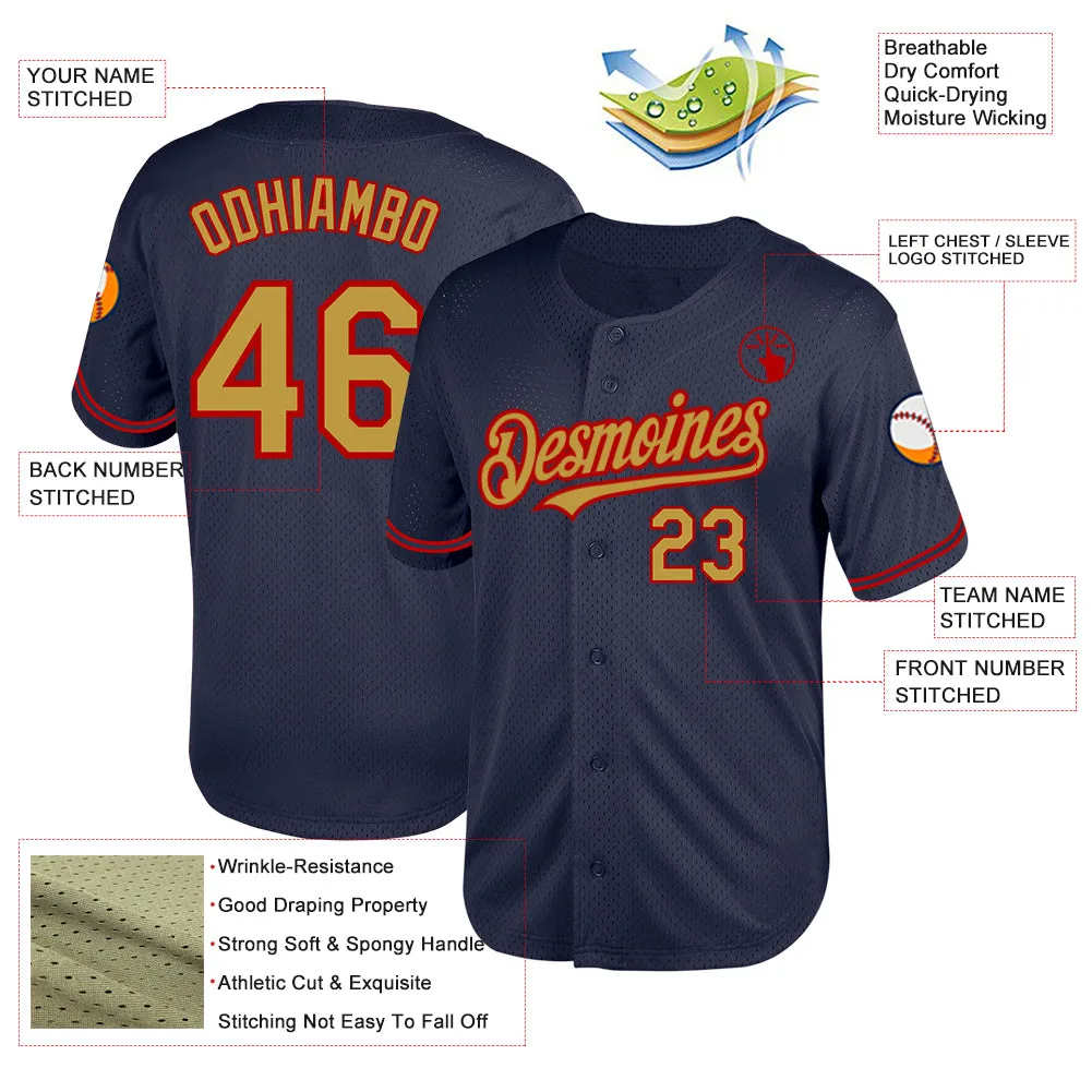 Custom Navy Old Gold-Red Mesh Authentic Throwback Baseball Jersey
