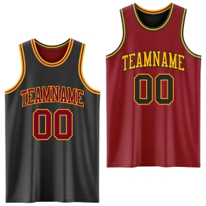Custom Reversible Black Maroon-Gold Double Side Basketball Jersey