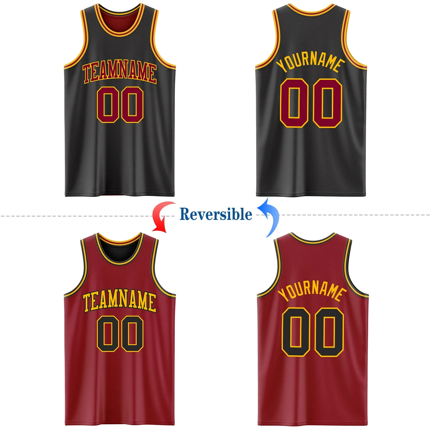 Custom Reversible Black Maroon-Gold Double Side Basketball Jersey