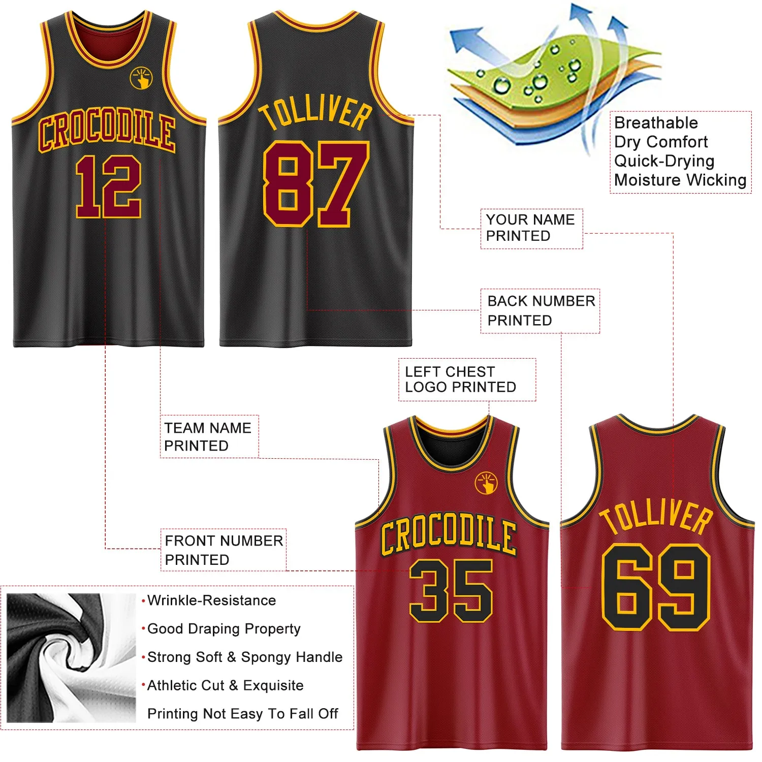 Custom Reversible Black Maroon-Gold Double Side Basketball Jersey