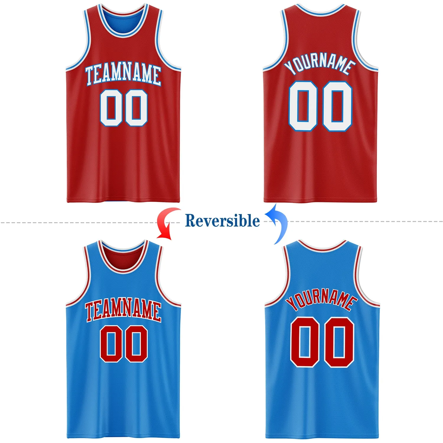 Custom Reversible Red White-Powder Blue Double Side Basketball Jersey