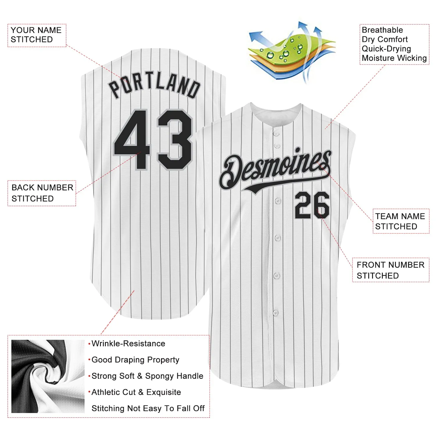 Custom White Black Pinstripe Gray Authentic Sleeveless Baseball Jersey