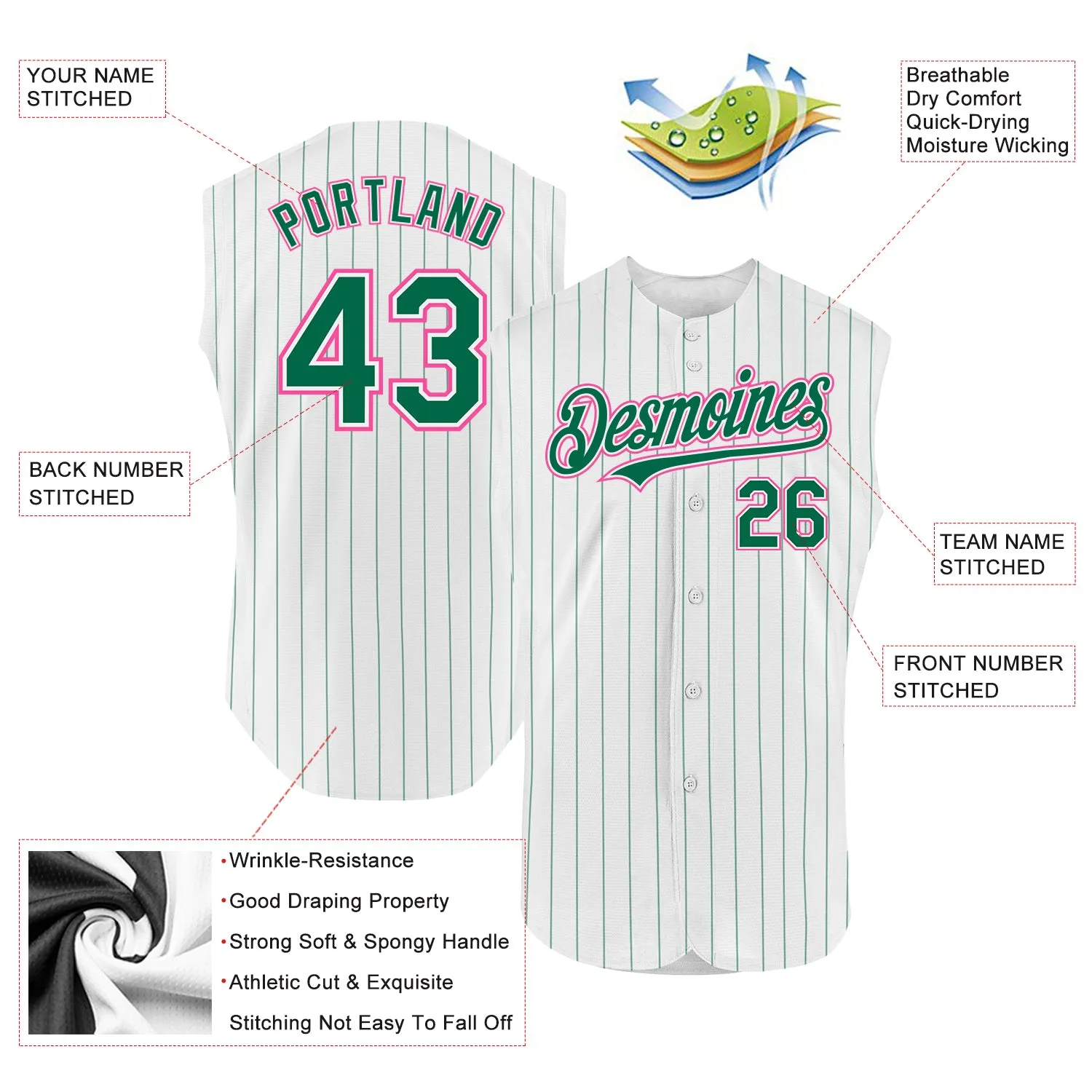 Custom White Kelly Green Pinstripe Pink Authentic Sleeveless Baseball Jersey