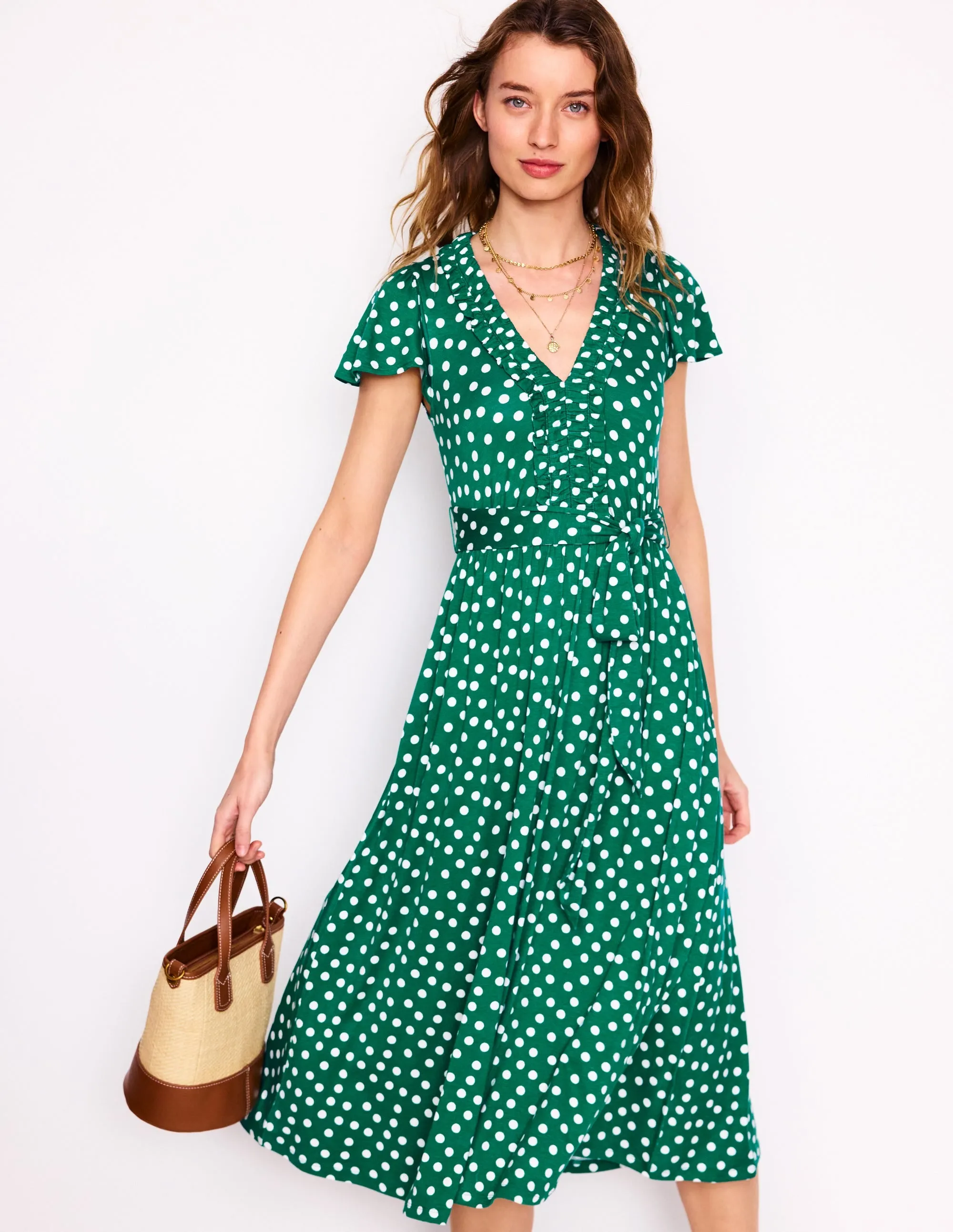 Nicola Jersey Tea Dress-Forest Grass. Painted Dot