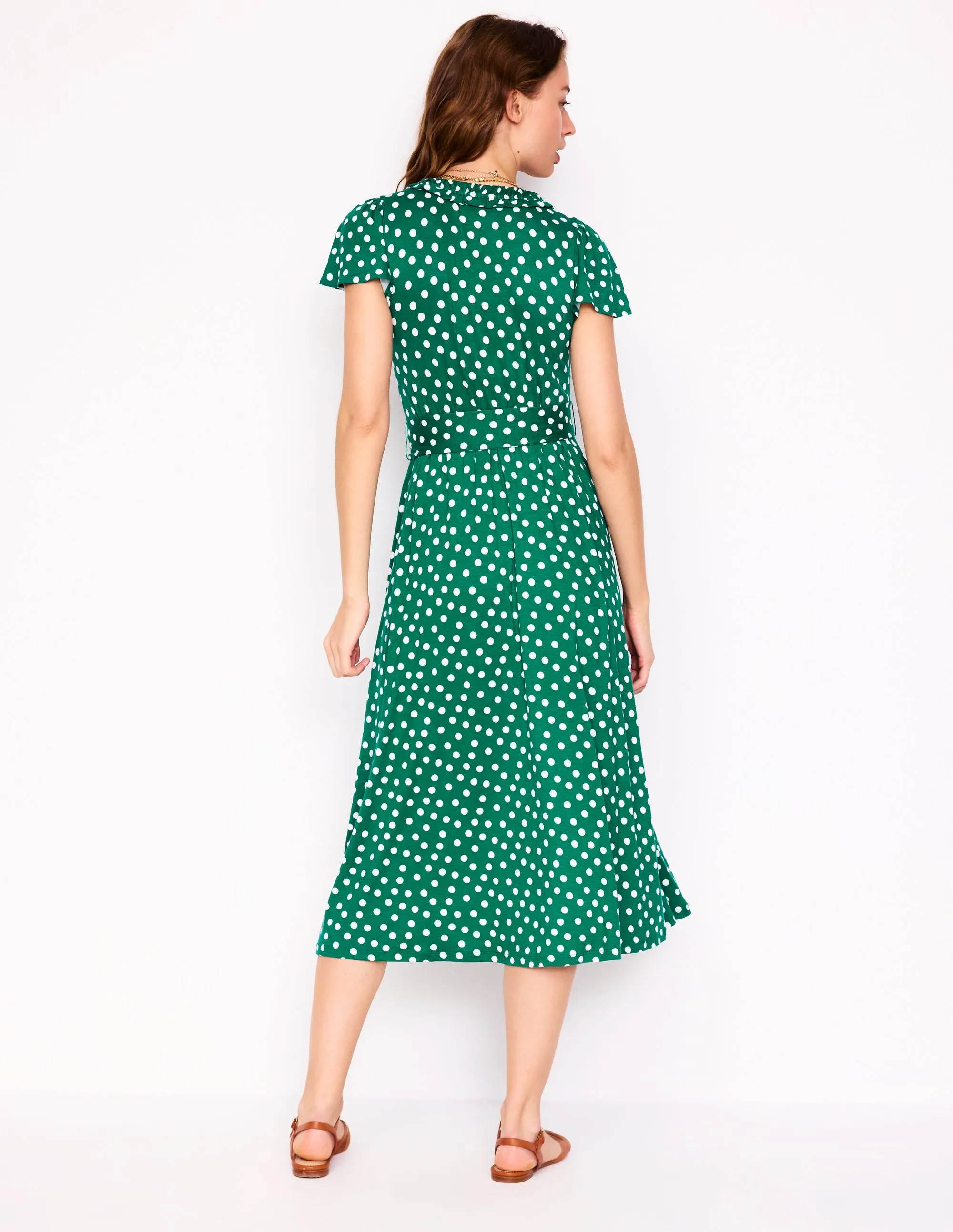 Nicola Jersey Tea Dress-Forest Grass. Painted Dot