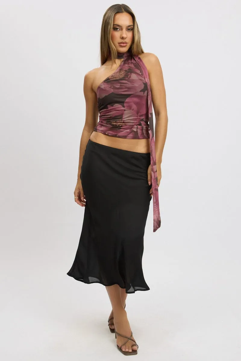 Pink Floral One Shoulder Top Tie Neck Mesh
