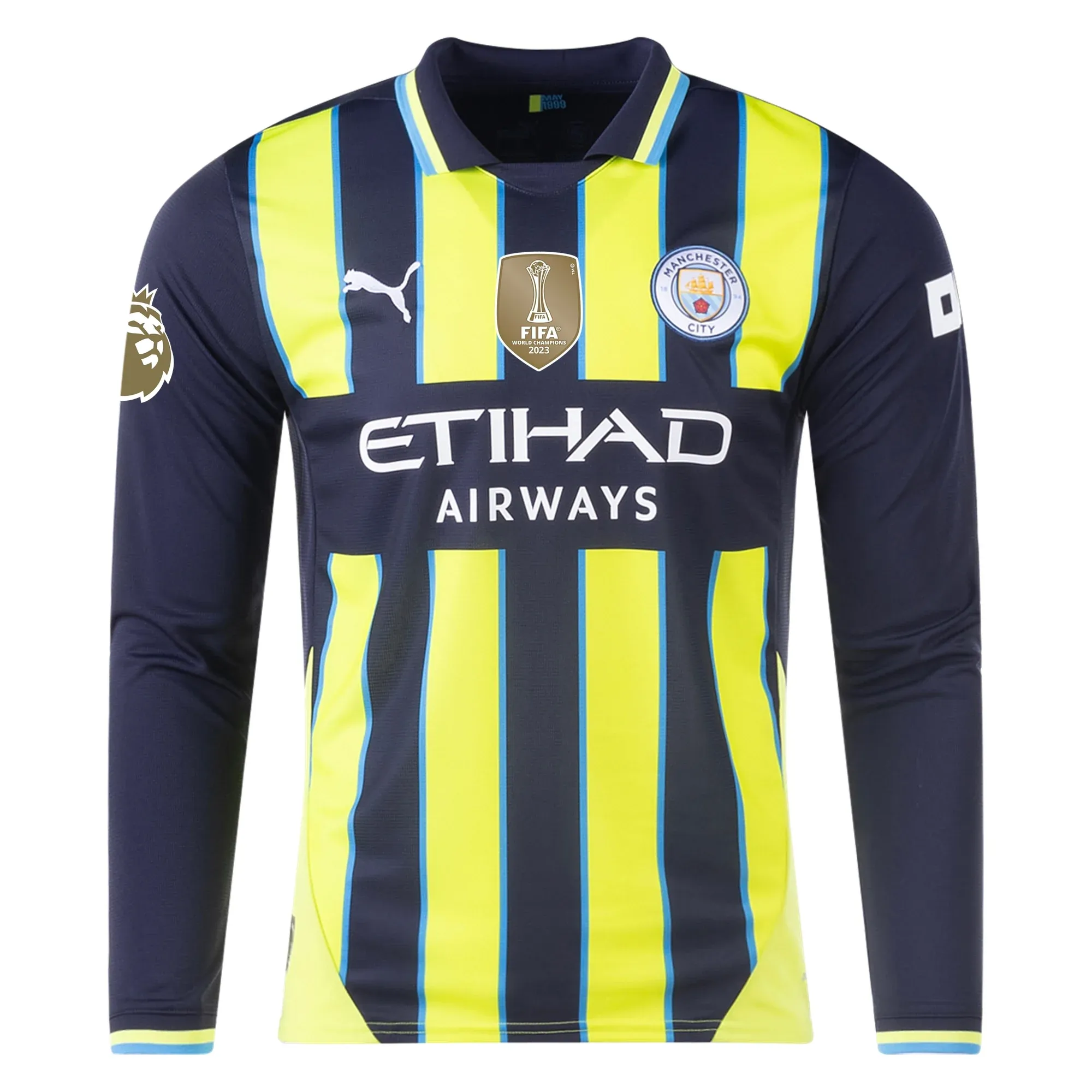 Puma Manchester City John Stones Long Sleeve Away Jersey w/ EPL   Club World Cup Patch 24/25 (New Navy/Yellow Glow)