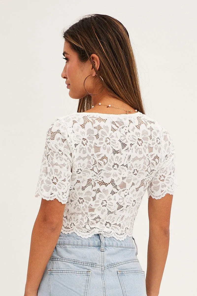 White Lace Top Short Sleeve V Neck Crop