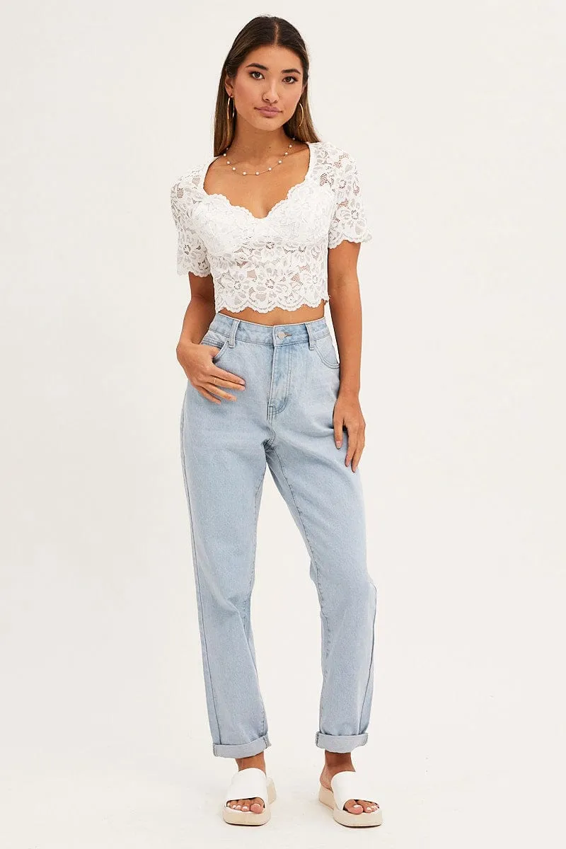 White Lace Top Short Sleeve V Neck Crop