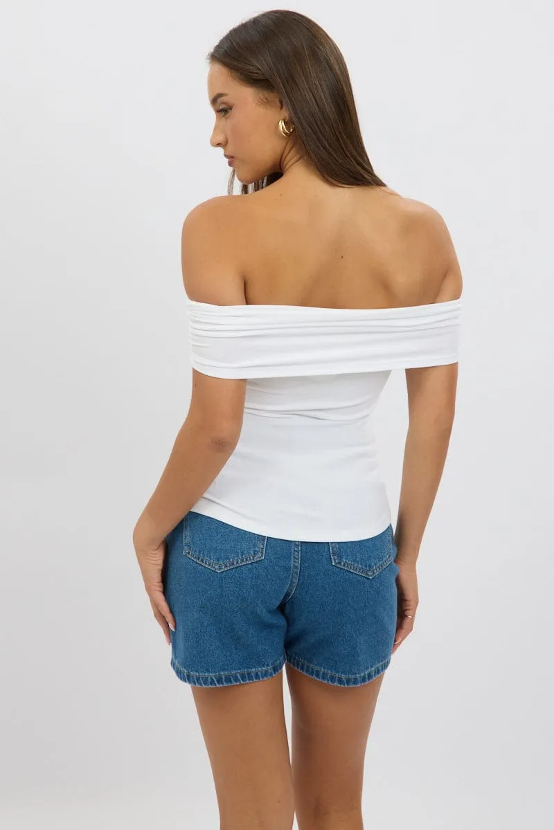 White Off Shoulder Top Rib